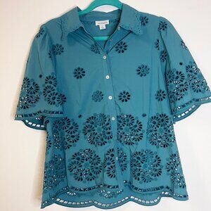 Sundance Teal Floral Cutwork Button-Front Blouse